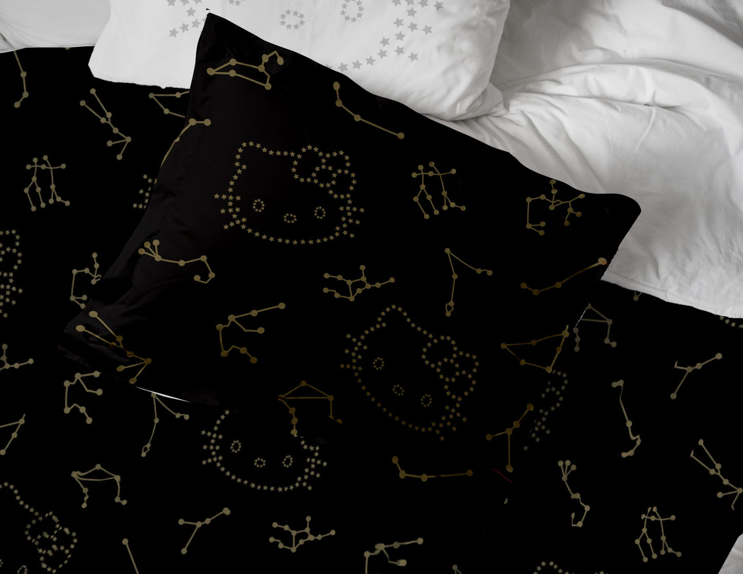 Jay Franco Hello Kitty Stars Queen Comforter Set - 7 Piece Bedding Includes Sheet Set & Pillow Covers - Super Soft Zodiac Black & Gold Bedding