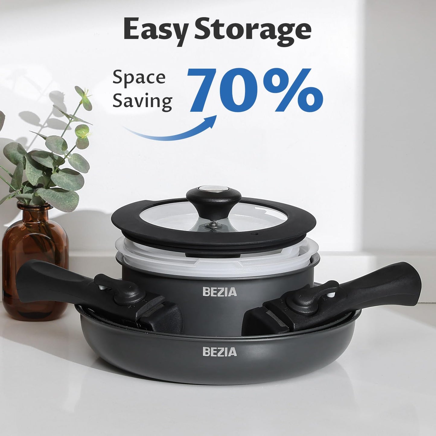 BEZIA Induction Cookware Set 10 Pieces, Nonstick Pots and Pans Set with Removable Handles, for All Hobs, Stackable Design, Dishwasher/Oven Safe, PFAS Free