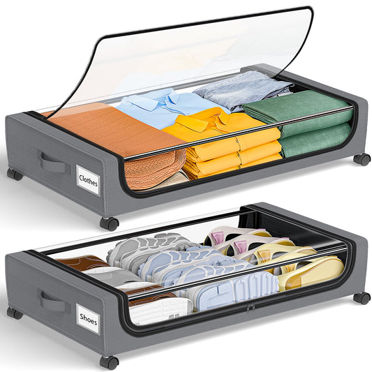 GoMaihe Under Bed Storage with Wheels: XXL Underbed Storage Containers with Lids - Rolling Bins for Shoes Clothes in Dorm Bedroom - Metal Drawers Easy Pull-out Grey 2-Pack