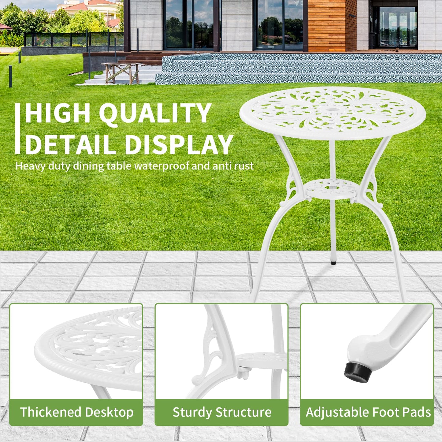 Withniture Bistro Set 3 Piece Outdoor Cast Aluminum Patio Bistro Set with Umbrella Hole, All Weather Bistro Table and Chairs Set, Small Patio Furniture Set for Garden, Porch,White