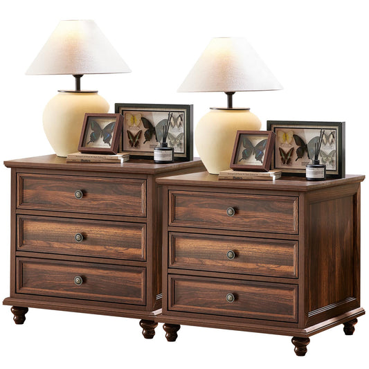 Joaxswe 24" Wide Farmhouse Night Stand Set of 2,Large End Table with 3 Drawers & Metal Handle,Brown Wood Dresser for Bedroom Cabinet, Bed Side Table Chest of Drawers,Nightstand for Living Room,Closet
