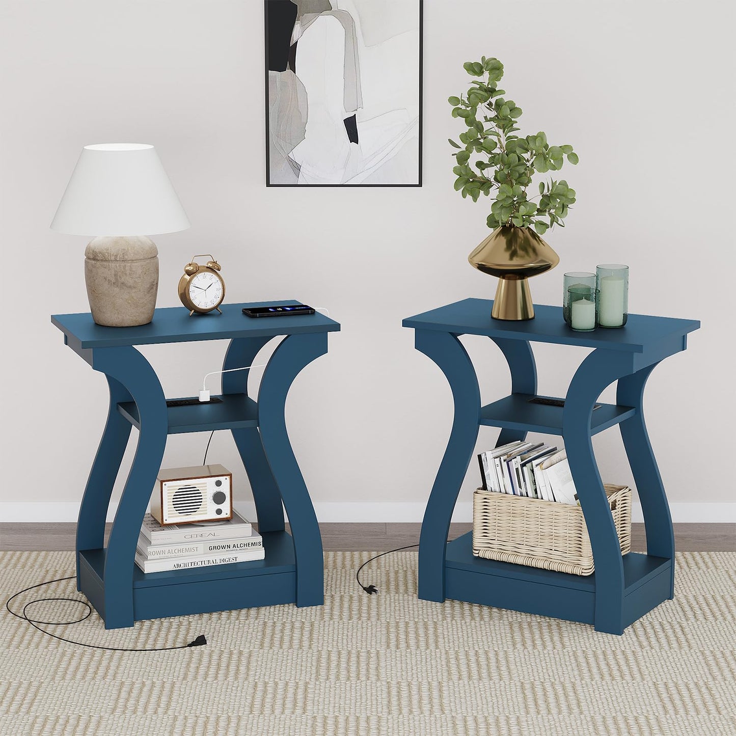 FROMJBEST End Tables Living Room Set of 2,End Table with Charging Station and USB,Navy Blue Side Table, Nightstand for Bedroom,3 Tier End Table with Storage Shelf for Living Room Navy Blue