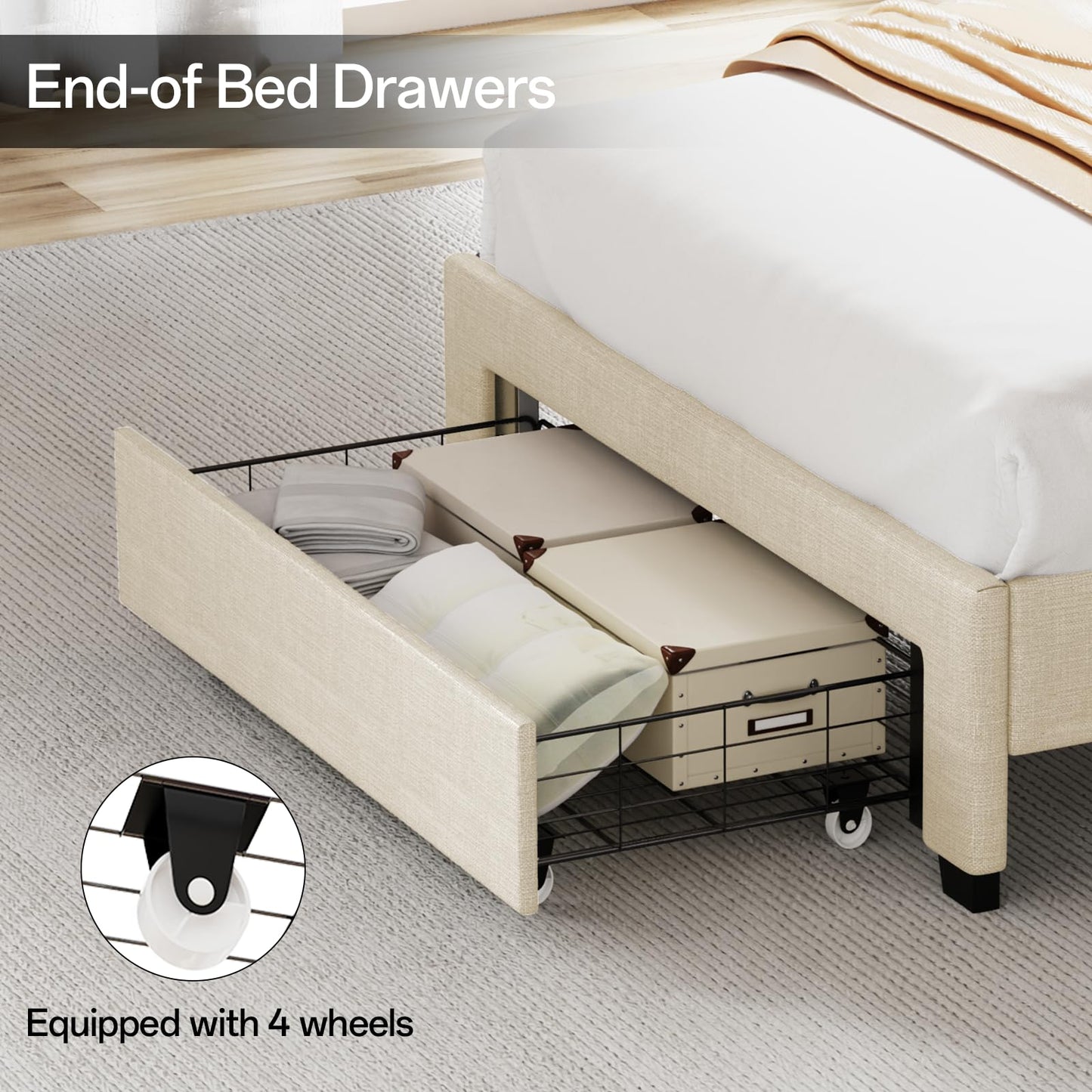 VINTLJUS Twin Bed Frame, Twin Bed Frames with Storage Headboard, Upholstered Twin Size Bed Frame with Drawers, Charging Station and LED Lights, Easy Assembly, Beige