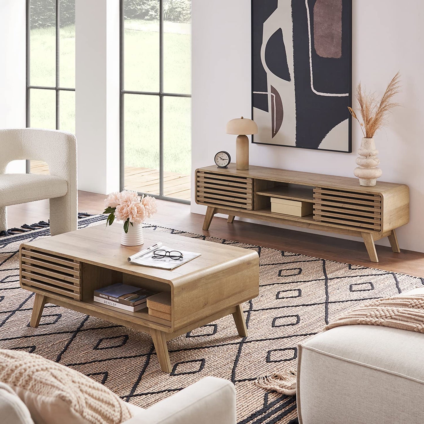 mopio Ensley Coffee Table with Storage, Mid Century Modern, Farmhouse Wood Coffee Table for Living Room Fluted (Oak)
