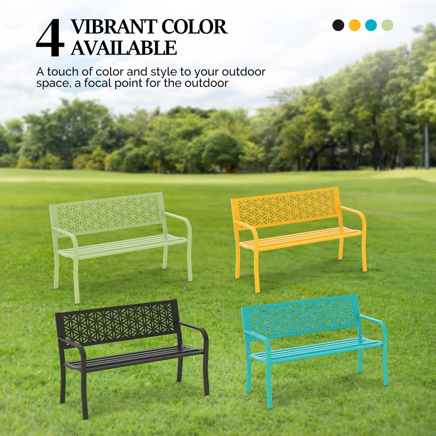 VINGLI 50" Outdoor Bench Metal with Floral Back, Garden Bench Front Porch Benches for Yard Patio Entryway Park Outside, 800lb Capacity - Black