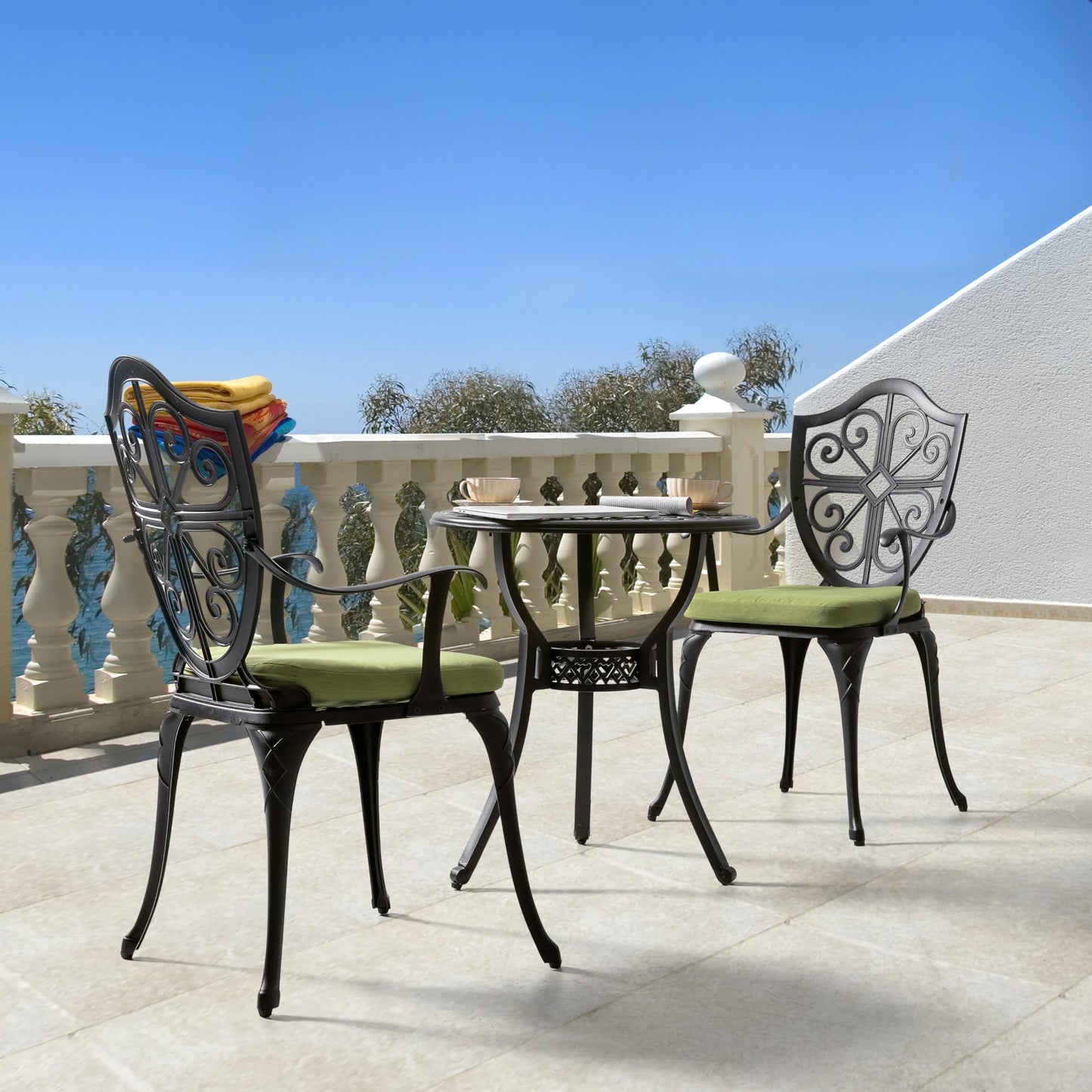 NUU GARDEN Outdoor 3-Piece Bistro Set with Cushions, Round 24 Inch Cast Aluminum Bistro Table with 2.17" Umbrella Hole, 2 Cast Aluminum Bistro Chairs, for Patio, Garden, Backyard and Balcony, Black