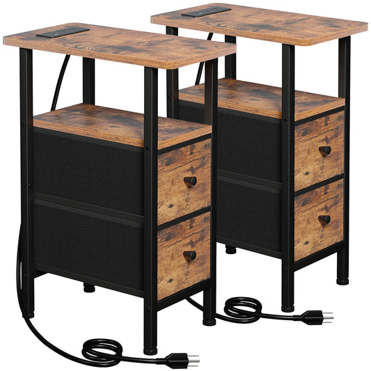 LOAKEKEL Narrow End Tables Living Room Set of 2 with Charging Station, Skinny Side Table with Fabric Drawers, Slim Nightstand for Bedroom, Small Spaces, Couch, Brown, HETNDP02BR