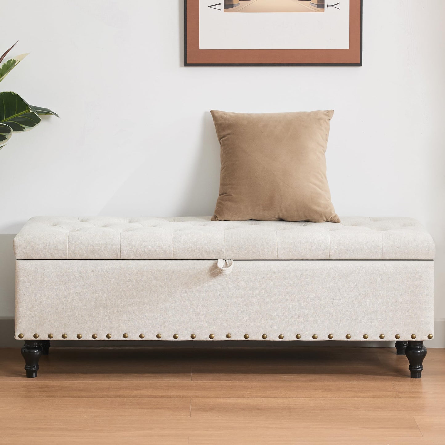 Mangodan51” Linen End of Bed Storage Bench, Tufetd Upholstered Storage Ottoman Bench with Safety Hinge, 330 lb Large Ottoman with Storages for Living Room, Entryway & Bedroom, Window Benches, Beige