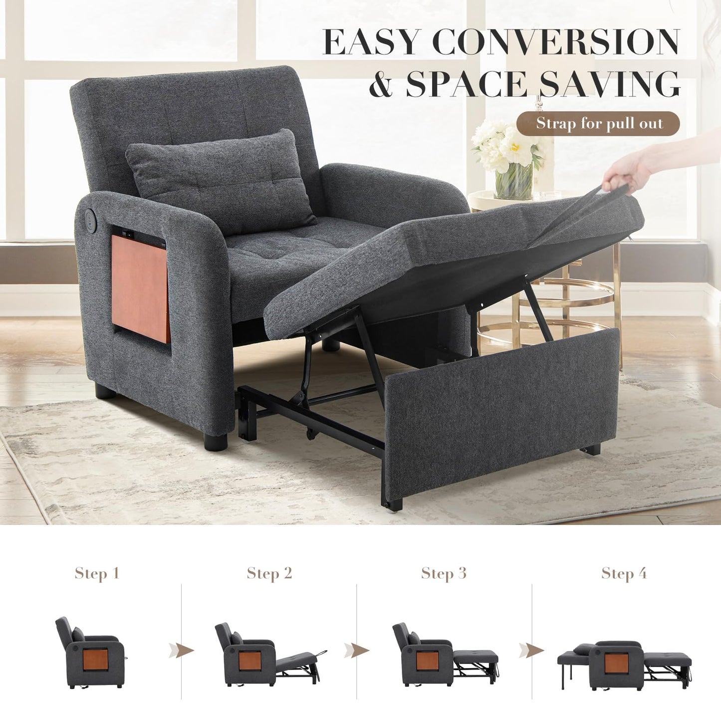 COLAMY Convertible Sleeper Chair-Fabric Futon Sofa Bed, Single Sleeper Sofa, Small Couch Bed with USB Port, Foldable Table, Pillow, Adjustable Backrest for Dorm/Bedroom/College Darkgrey