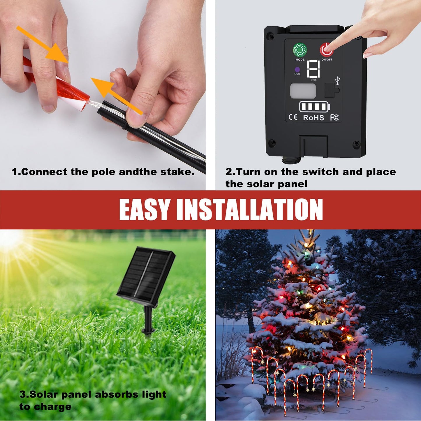Outdoor Christmas Decorations, 10 Pcs Christmas Candy Cane Lights with Hanging Star, 21'' Solar Pathway Lights with 8 Modes, Waterproof Garden Lights for Outdoor Xmas Patio Yard Walkway Decorations