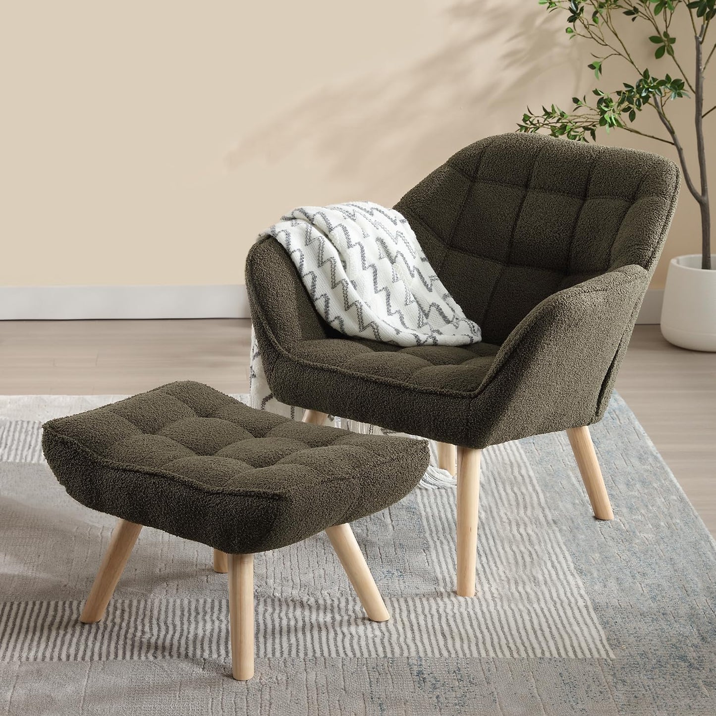 ZH4YOU Sherpa Accent Reading Chair with Ottoman, Modern Fuzzy Chair with Ottoman Upholstered Armchair with Wood Legs Comfy Lounge Chair for Small Spaces Living Room Bedroom Book Nook, Green