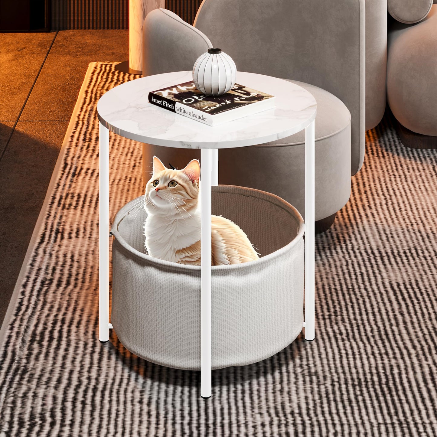 VERFARM Coffee Table with Storage, Round Center Table for Living Room, Bedroom with Fabric Basket, Modern End Table, Metal Side Table, Bedside Nightstand for Small Spaces, White