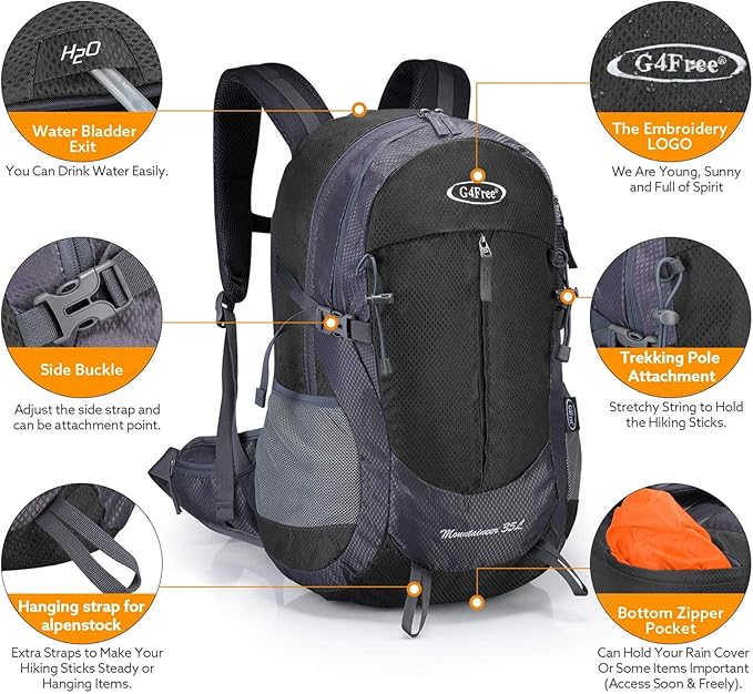 G4Free 35L Hiking Backpack Water Resistant Outdoor Sports Travel Daypack Lightweight with Rain Cover for Women Men (Black)