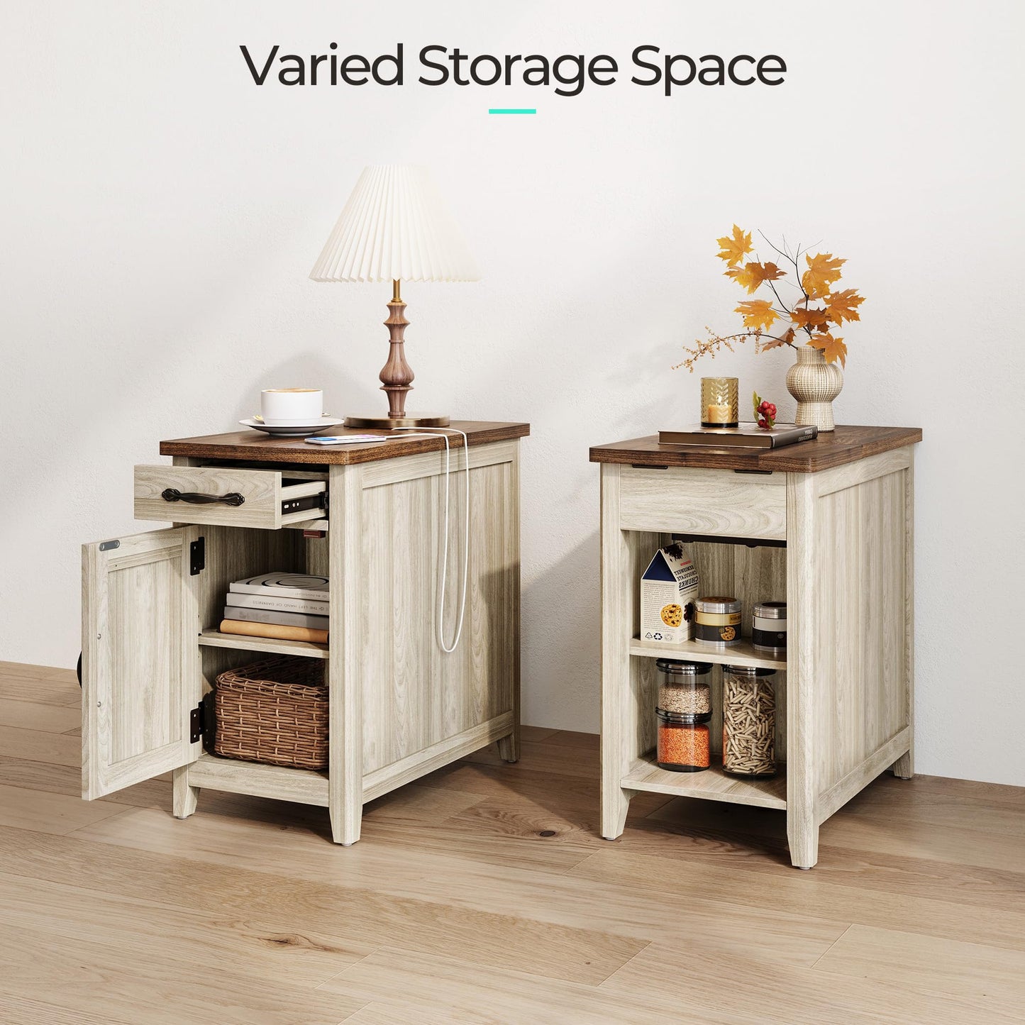 LINSY HOME Farmhouse End Table with Charging Station, Narrow Side Table for Living Room, Sofa Side Table with Drawer and Storage Cabinet, Small Nightstand for Home Office