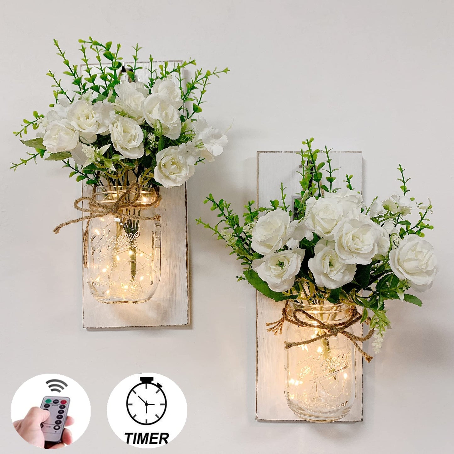 YI LIGHTING Set of 2 Rustic Wall Sconces - Mason Jars Sconce, Rustic Home Decor, Wrought Iron Hooks with LED Fairy Lights for Home Decoration Gift (White)