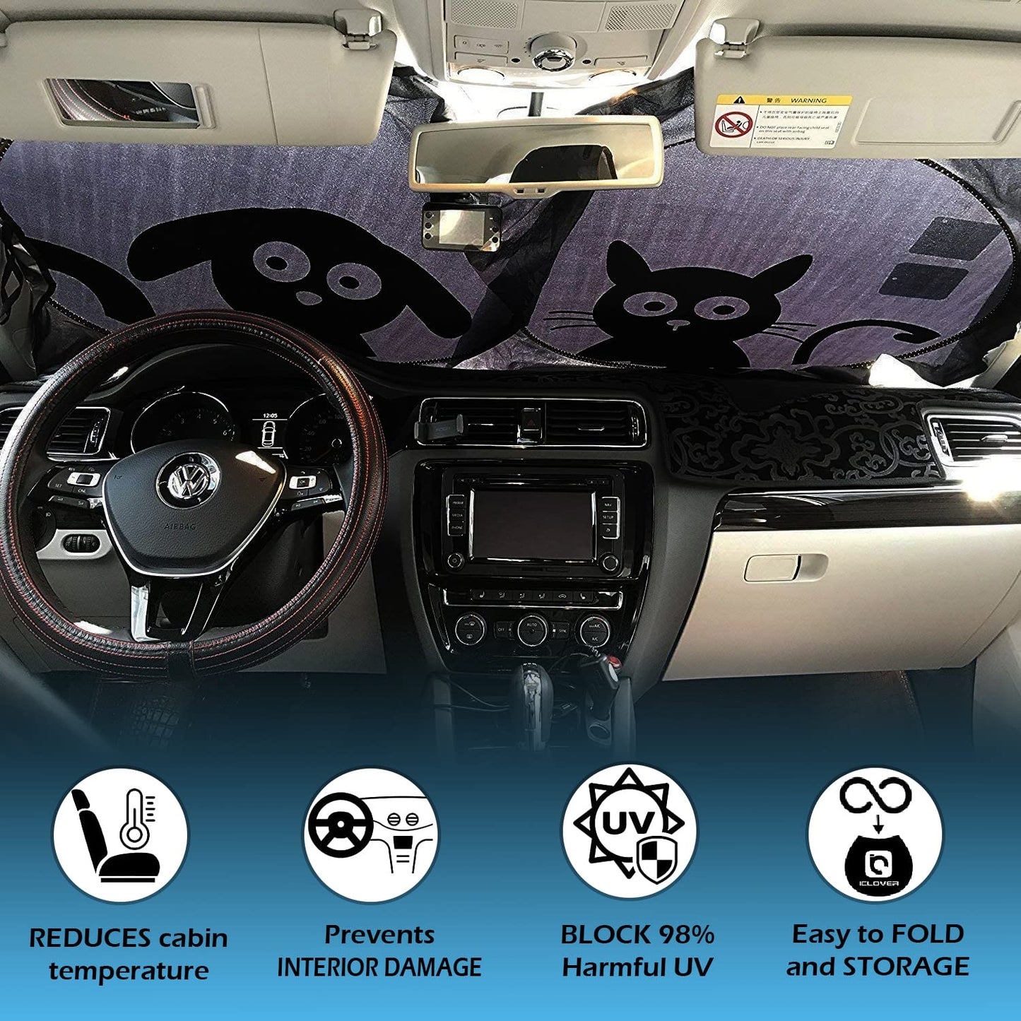 Car Windshield Sunshade with Pet Design, Cute Dog & Cat Cartoon Front Windshield Sun Shade Foldable Sunshade Blocks Heat UV Rays, Protect Interior Keep Cool, Fits Cars SUV Truck - Medium