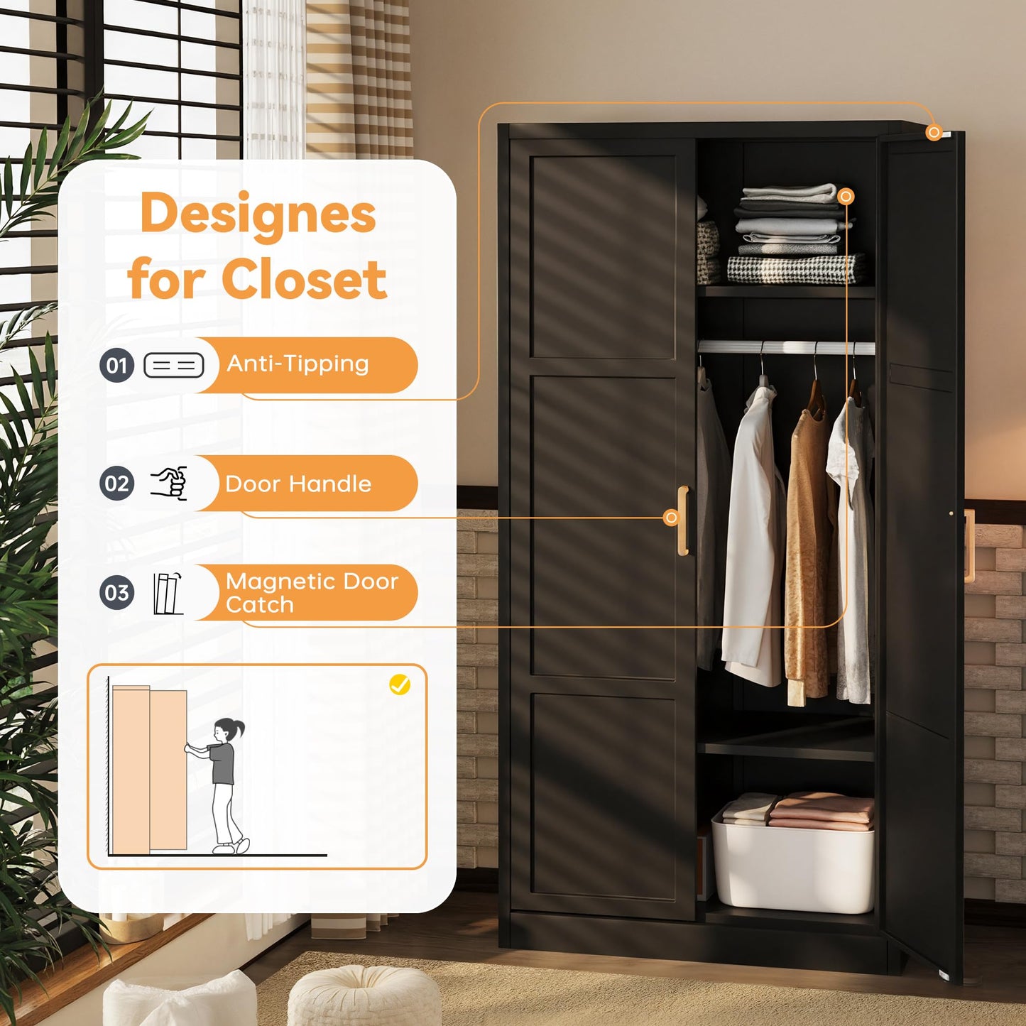 INTERGREAT Metal Storage Cabinet with Hanging Rail, Black Armoire Wardrobe Closet with 2 Doors,72" H Storage Closet Cabinets with Adjustable Shelves and Removable Hanging Rods