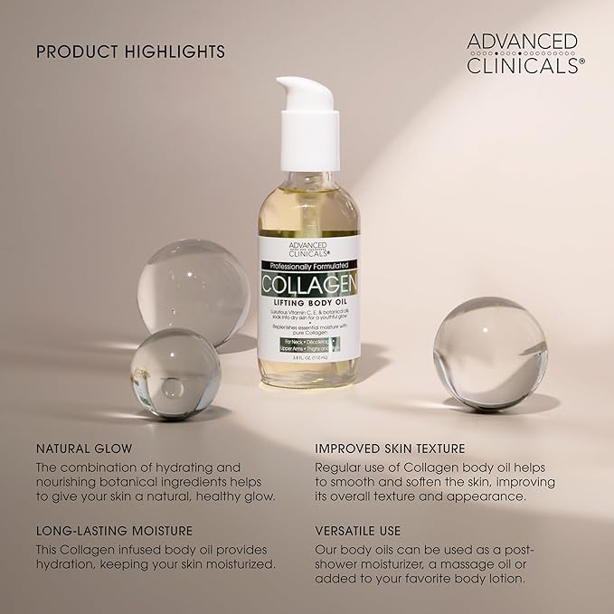 Advanced Clinicals Collagen Body Oil + Vitamin C Brightening Body Oil Moisturizer 2pc Skincare Set - Nourishing, Brightening, & Firming Massage Oil To Improve Look Of Crepe Skin + Dark Spots, 2PC Set