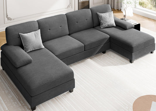 Meilocar Sectional Couches for Living Room, 106 in U Shaped Couch Soft Sectional Sofa with Double Chaise, Comfortable Fabric 4 Seat Sofa Couch for Apartment (Black)