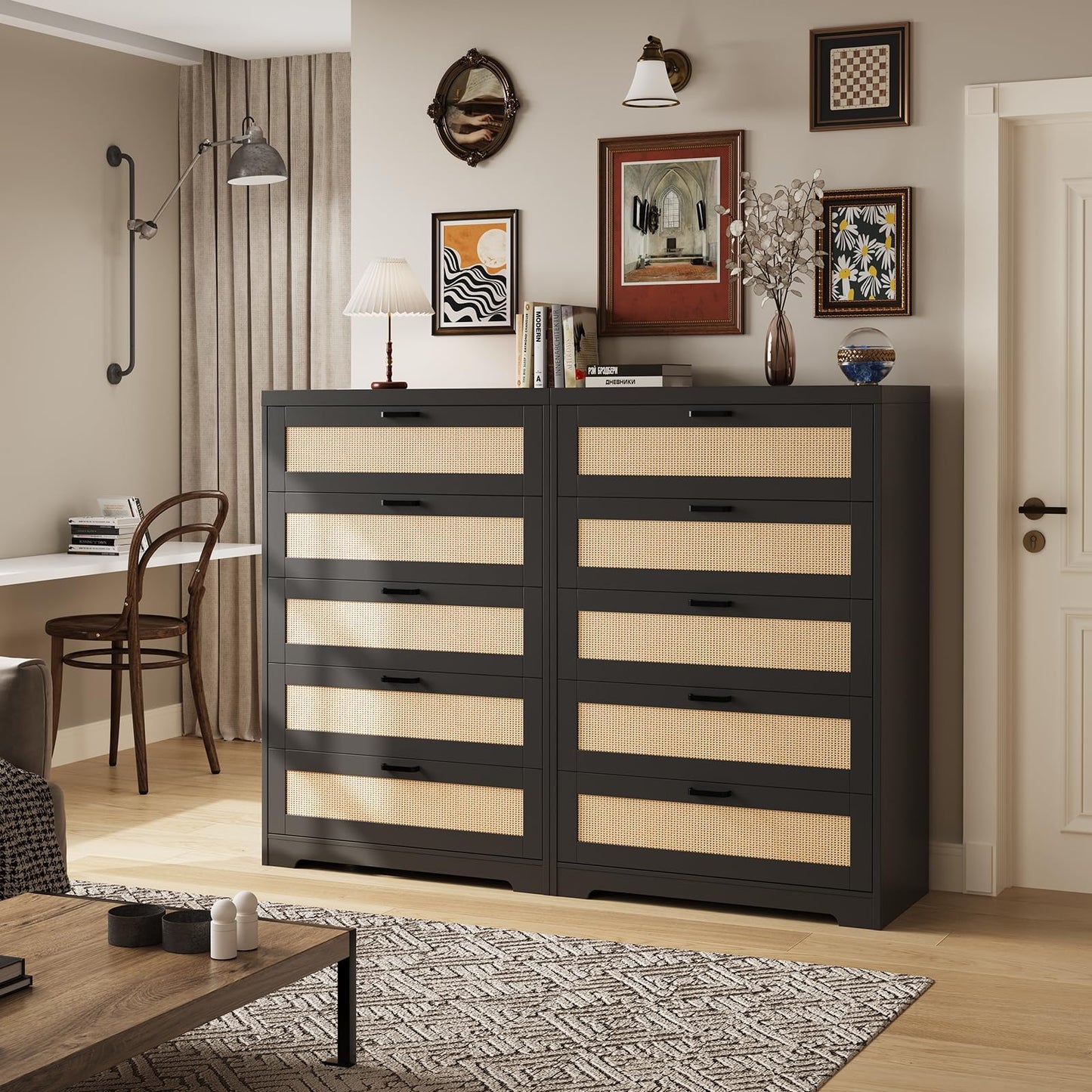 5 Drawer Dresser for Bedroom Wooden Spacious Storage Chest of Drawers with Wide Top Rattan Chest of Dressers Modern Wood Tall Dresser with Metal Handle for Living Room Closet Hallway Entryway