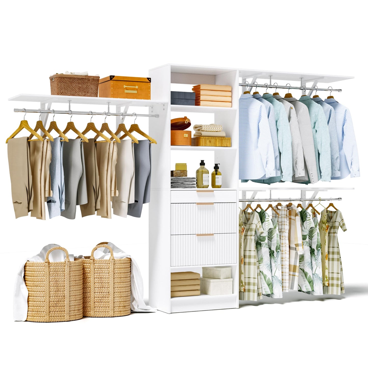 Closet System, 8FT Closet Organizer with 3 Wooden Drawers, Walk-in Closet Wardrobe Clothes Rack with 3 Expandable Hanging Rods, Garment Rack, White