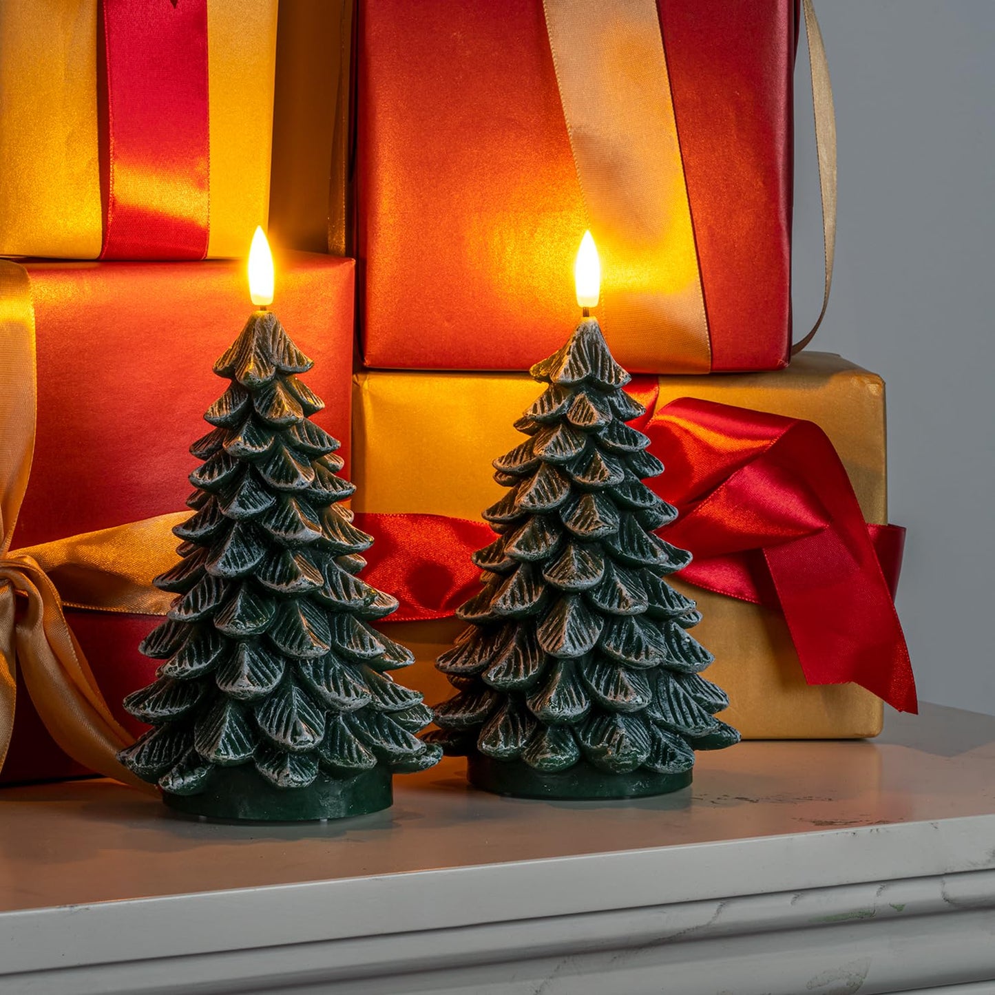 Homemory Christmas Tree Candles with 6 Hours Timer, 2 Pcs Waxy LED Flameless Candles Flickering, Green Electric Candles Battery Operated for New Year Celebration Holiday Decorations 8.5 Inches