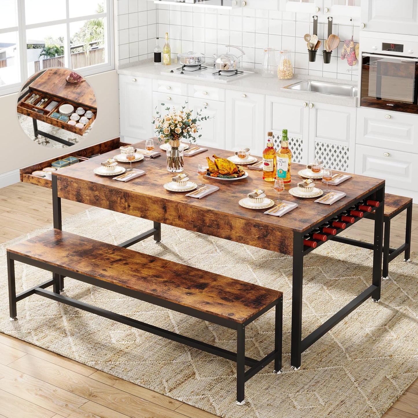 Loomie 63" Dining Table Set for 4-6, 3-Piece Kitchen Table with 2 Utensil Drawers, 2 Benches & Wine Rack, Modern Space Saving & Heavy Duty Dinner Table Set with Metal Frame & MDF Board,Rustic Brown