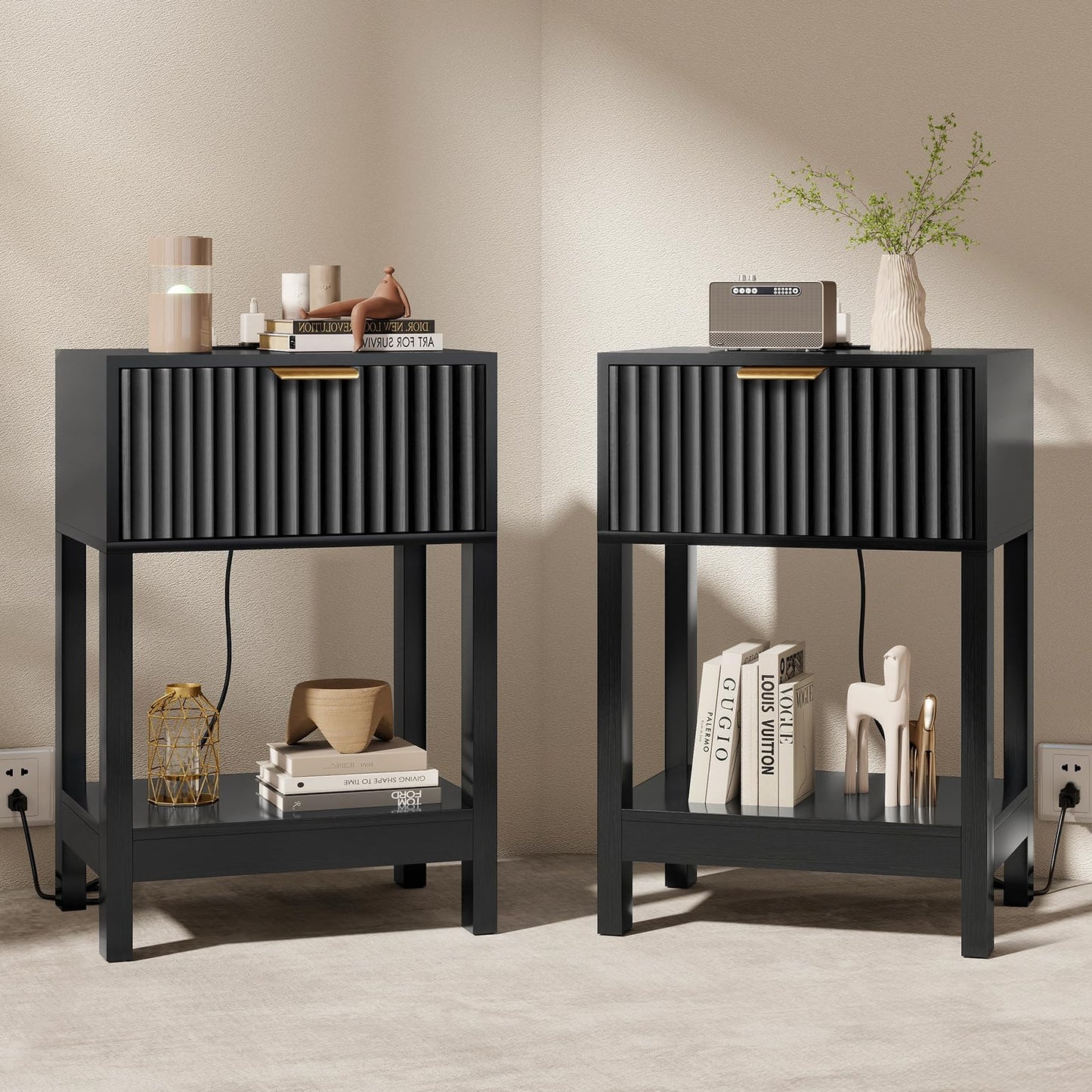 Nasonet Night Stand Set 2, Fluted Nightstand with Charging Station, Wood Bedside Table with Drawer & Storage Shelf, Modern End Tables for Bedroom Sofa Couch Office, Black