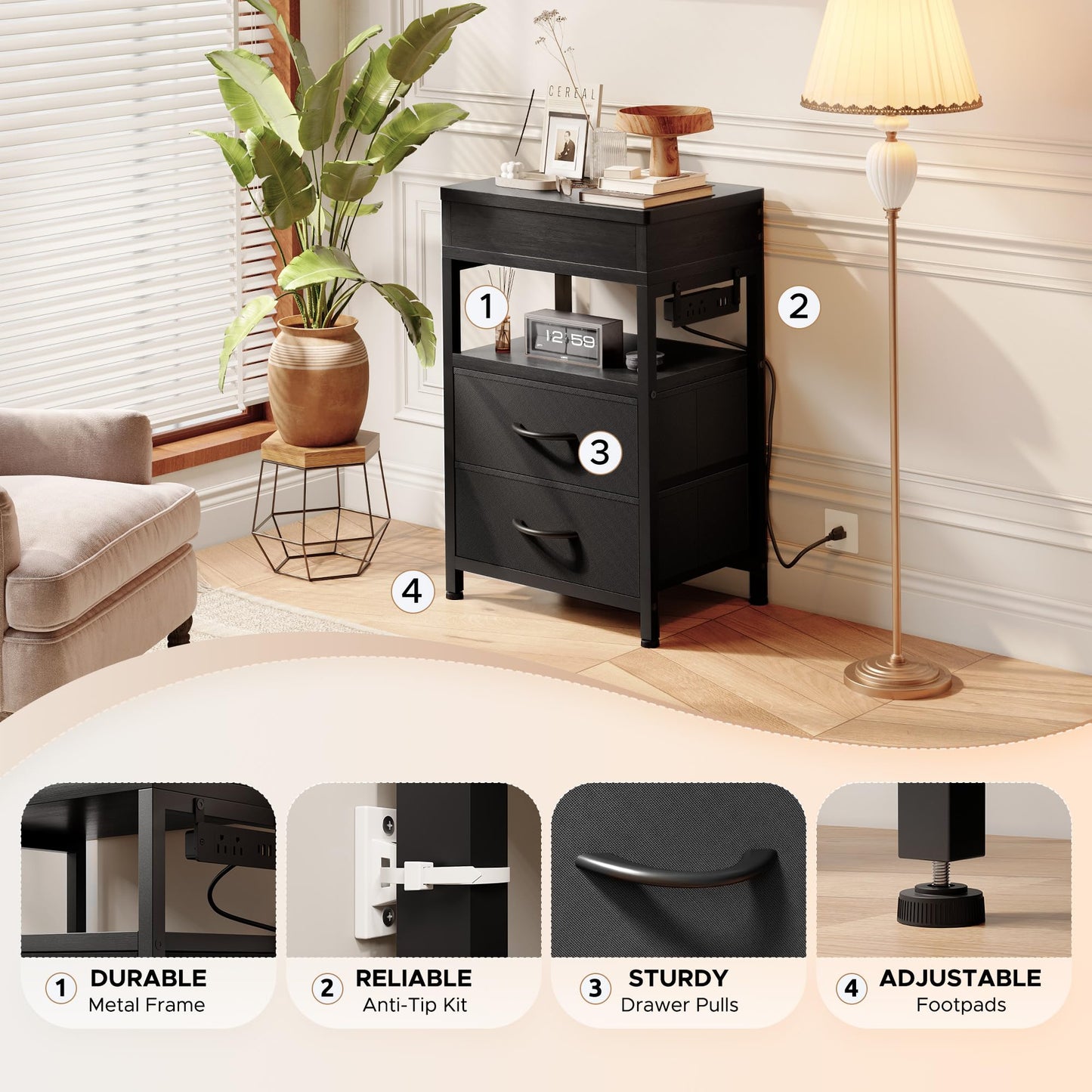 Lazzanto Nightstand Hidden Drawer Charging Table - Night Stand with Charger Station and Sliding Top Storage, Morden Bedside Table with 2 Fabric Drawers, for Dorm Living Room Bedroom, Black