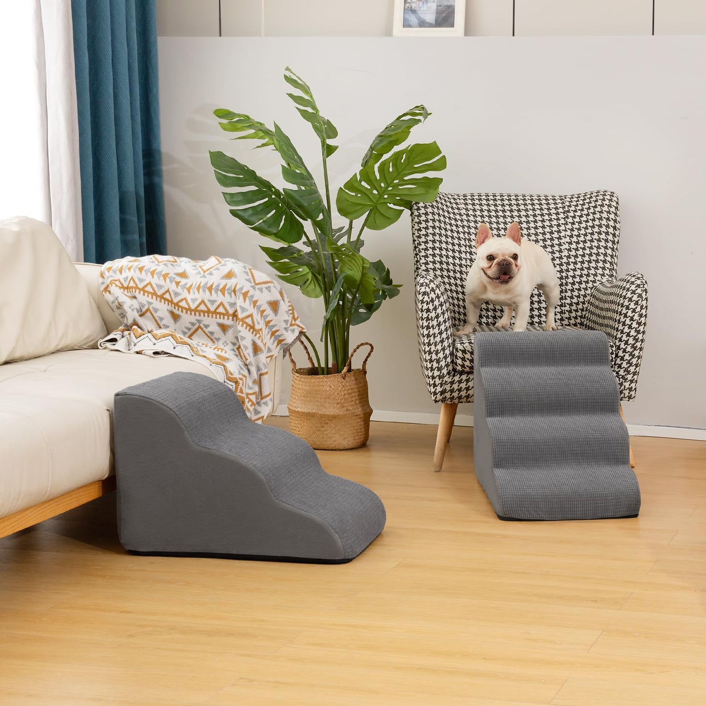 3-Step Dog Ramp and Stairs for Sofa and Chair - Non-Slip Sturdy Pet Steps for Small Dogs and Cats,15.7" H,Grey