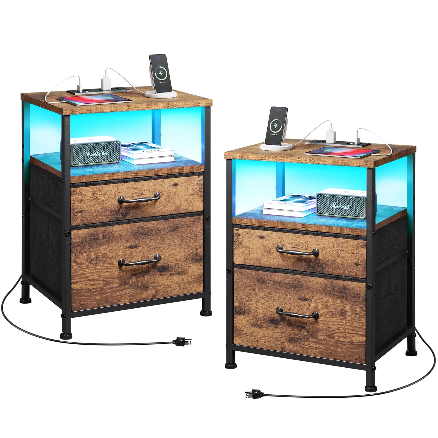 YeTom Nightstand with Charging Station Set of 2, LED Night Stand with 2 Fabric Drawers, Side Table with Open Shelf, End Table with Steel Frame, 2 Drawer Dresser for Bedroom, Brown