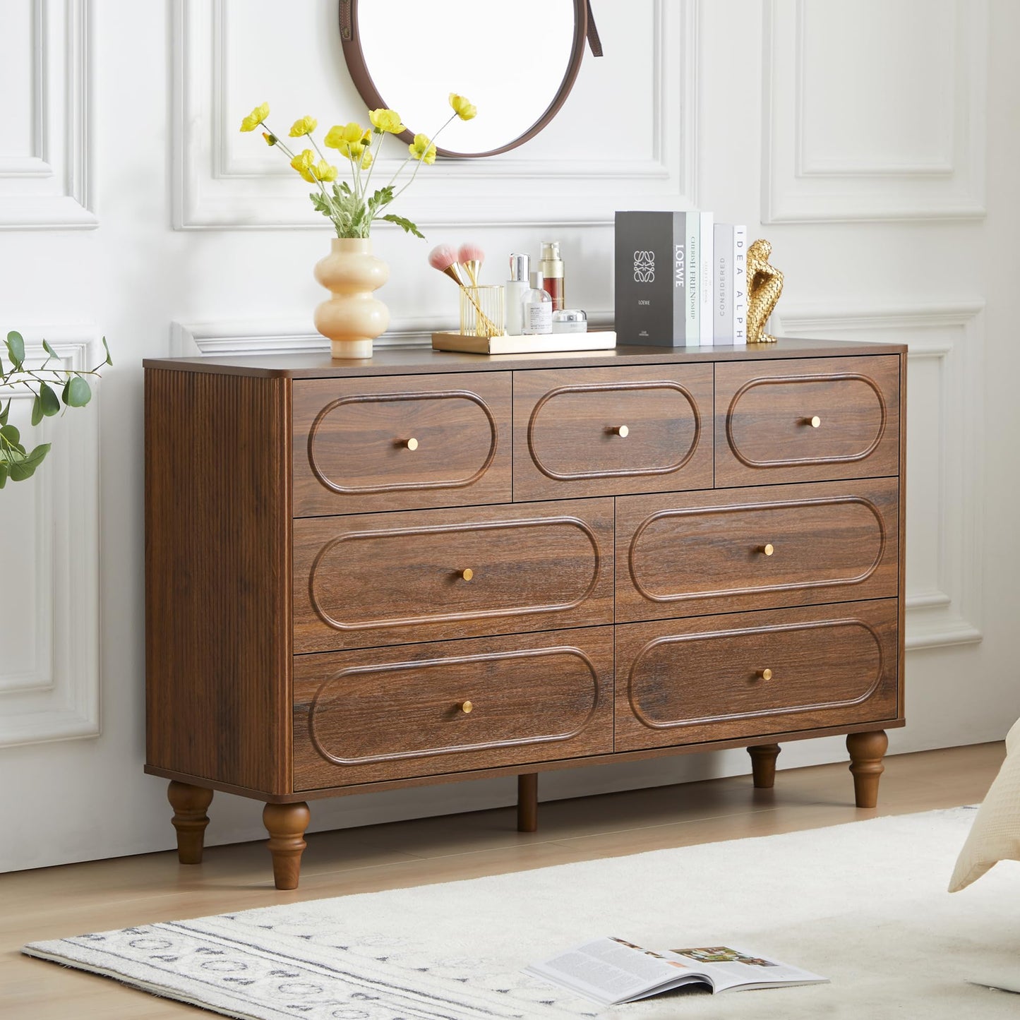 7 Drawer Fluted Dresser for Bedroom, Mid Century Modern Chest of Drawers, Wood Storage Large Dresser Organizer for Bedroom Living Room Hallway Closet, Walnut