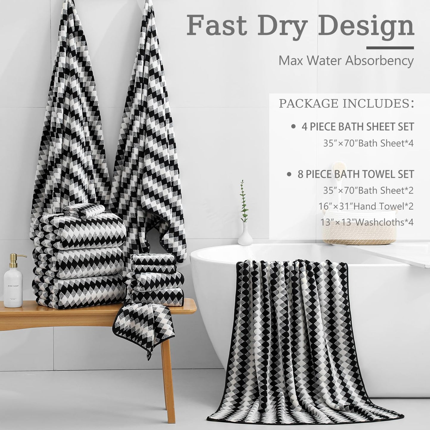 4 Piece Bath Towel Black Oversized Bath Sheet 35"x70" Bathroom Towel Extra Large Bath Towel Set Soft Highly Absorbent & Quick Dry Premium Towel Set for Bathroom 600GSM Shower Towel Spa Gym Hotel