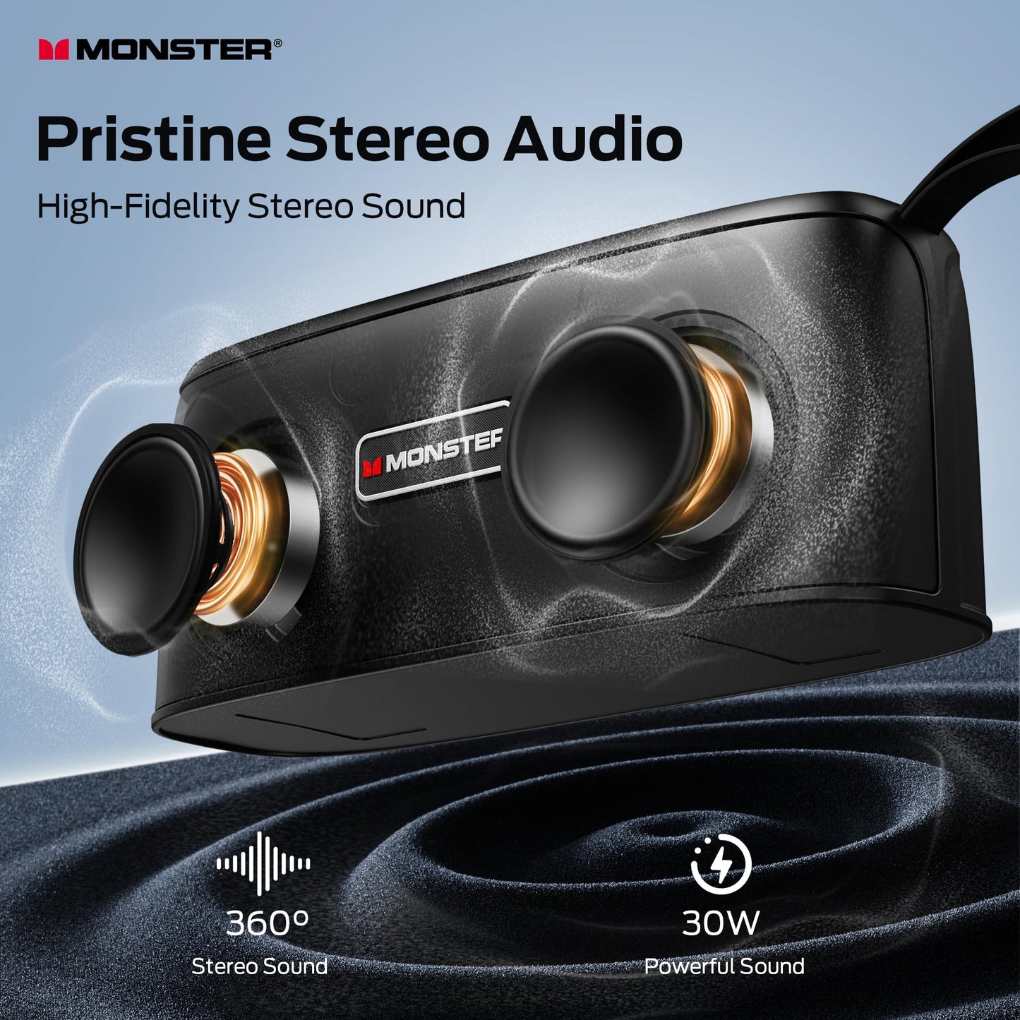 Monster Shock Portable Bluetooth Speaker, True Wireless Speaker, 30W Loud Stereo Sound, IPX6 Waterproof,17 Hours Playback, Bluetooth 5.4 TWS Pairing ，Outdoor Speakers with Handle