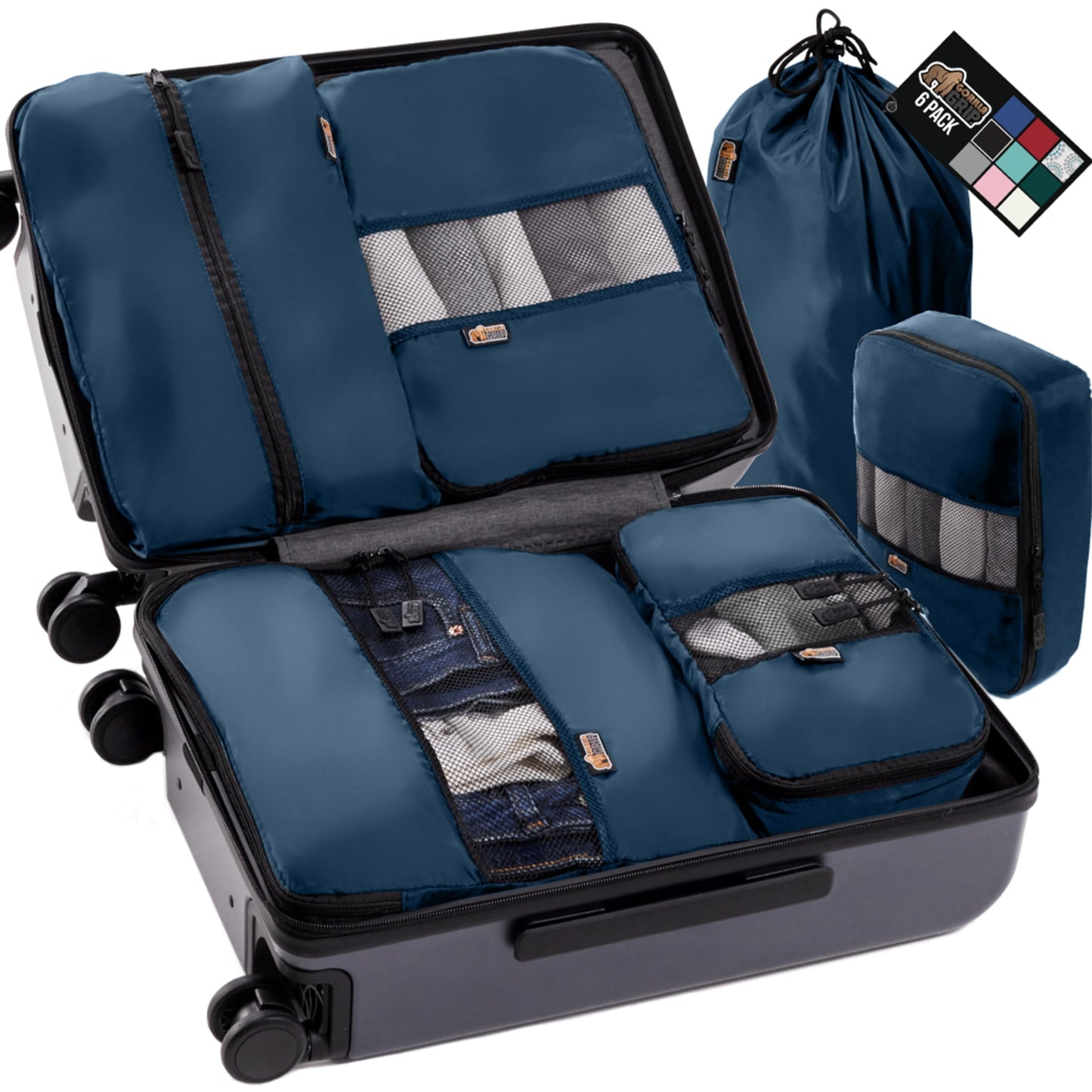 GORILLA GRIP 6 Set Packing Cubes, Travel Essentials for Suitcase, Mesh Organizer Bags for Clothes Toiletries Shoes and Laundry, Luggage and Carry On Airplane Accessories, Traveling Must Haves Navy