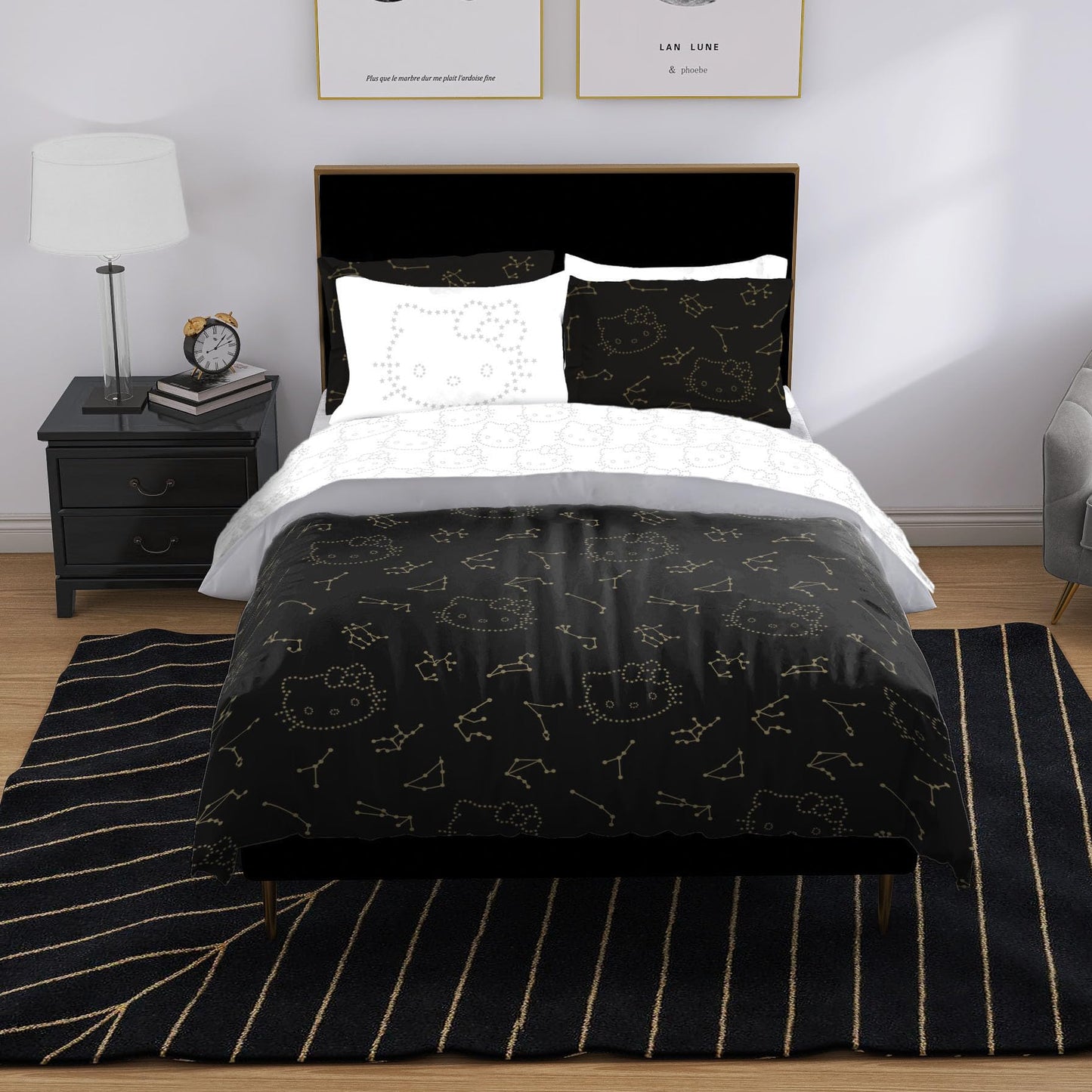 Jay Franco Hello Kitty Stars Queen Comforter Set - 7 Piece Bedding Includes Sheet Set & Pillow Covers - Super Soft Zodiac Black & Gold Bedding