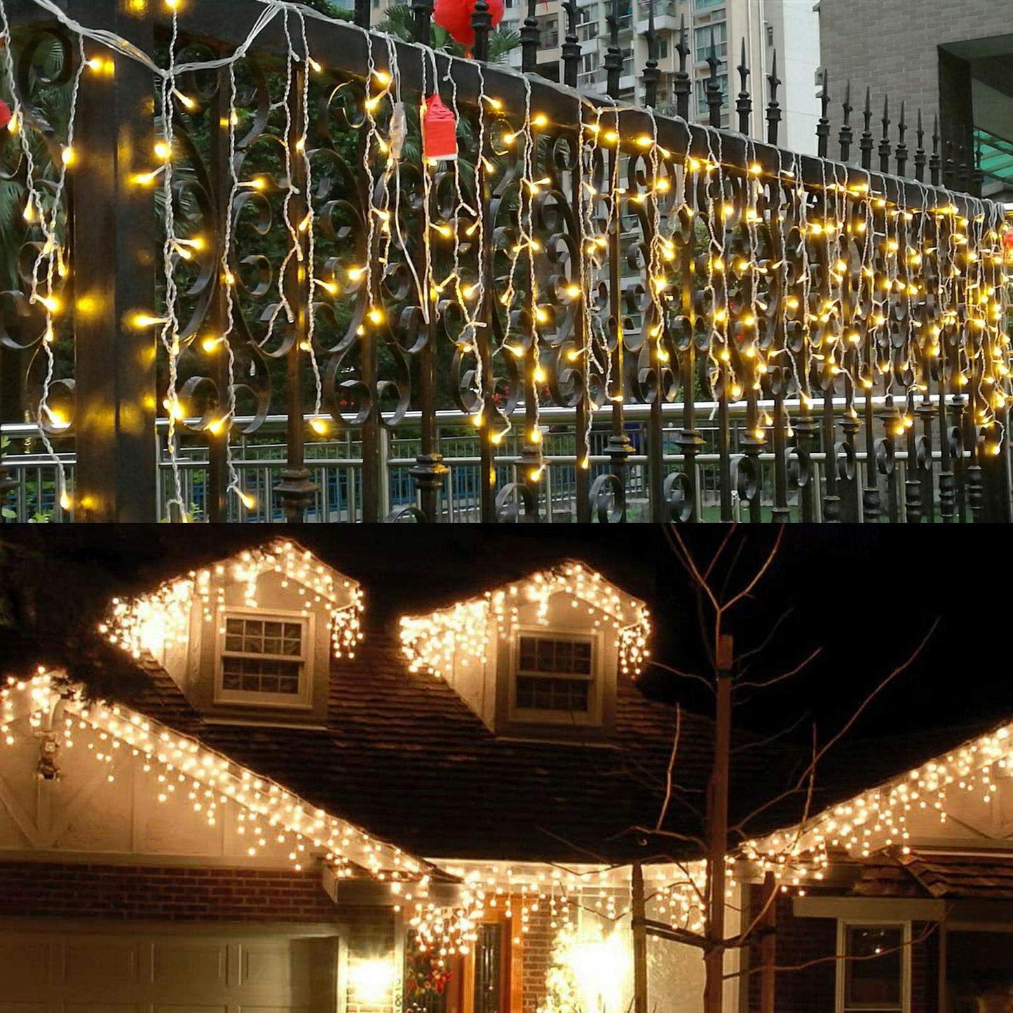 JAMISAY LED Icicle Lights, 8 Modes 16.4FT 112 LEDs Christmas Short Curtain Fairy Hanging Ceiling Extendable Lights for Wedding Balcony Doorway Outdoor Indoor Decoration Warm White, 5M04