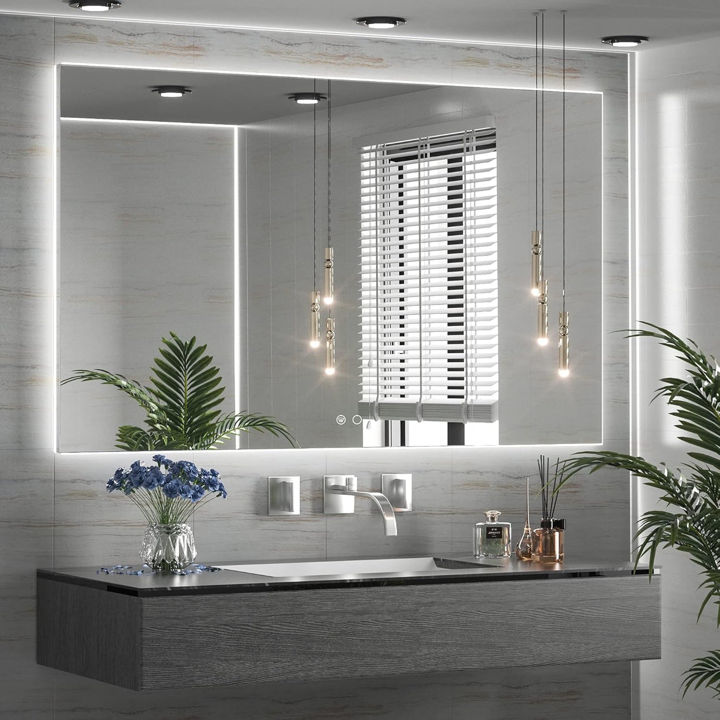TETOTE 60 x 40 LED Backlit Bathroom Mirror with Light,3 Color White/Warm/Natural,Anti-Fog Lighted Mirror,Dimmable,Vanity Mirror,Wall Mounted