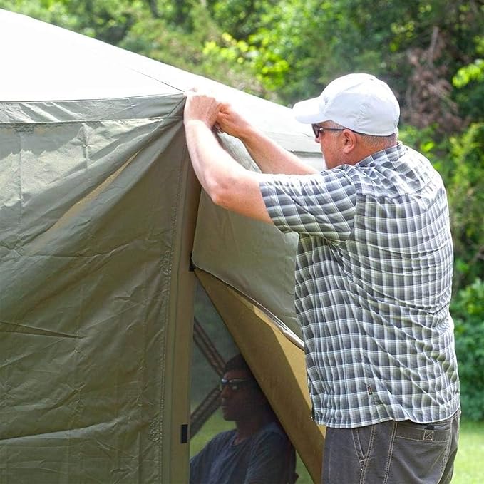 CLAM Quick-Set Escape 11.5 x 11.5 Ft Portable Pop-Up Outdoor Camping Screen Tent 6-Sided Canopy Shelter w/Carry Bag & 6 Sun and Wind Panels, Green