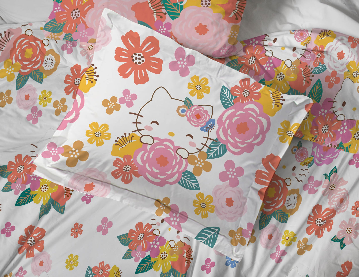 Jay Franco Hello Kitty King Size Comforter Set - 7 Piece Bedding Includes Sheet Set & Pillow Covers - Super Soft Floral Bedding