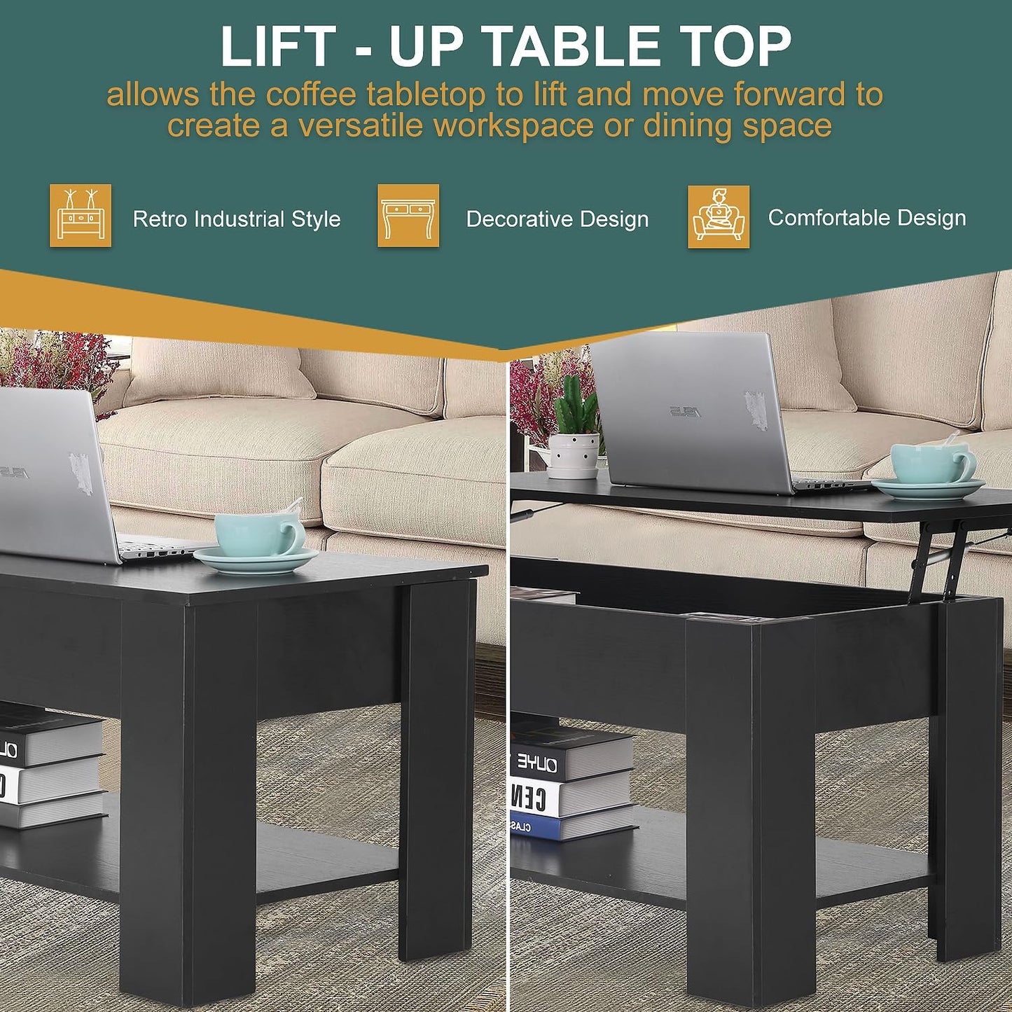 PayLessHere Coffee Table Lift Top Coffee Tables with Hidden Compartment and Storage Shelf Wooden Lift Tabletop Dining Table for Living Room Home (Black, 39" D x 28" W x 24" H)