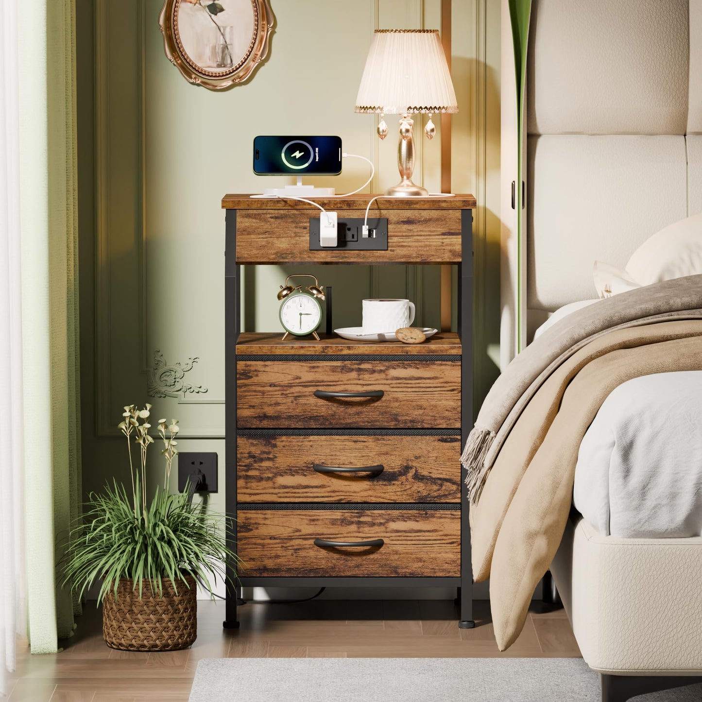 Furnulem Night Stand with Charging Station, USB Ports and Outlets, 28.3 Inch Tall Bedside Table with Wood Shelf, 3 Fabric Drawers Side Table for Bedroom, 3 Ways to Use, Rustic Brown