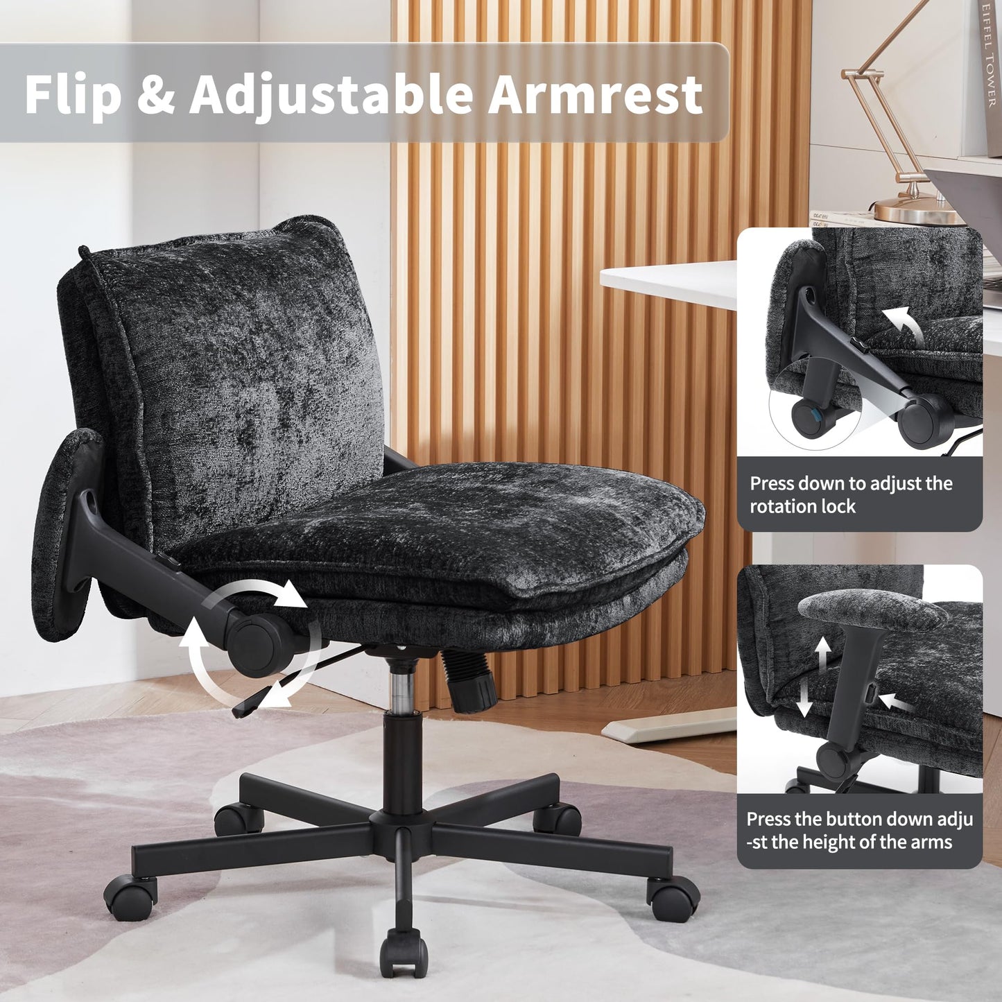 FanciSpot Cross Legged Office Chair with Wheels and Adjustable Flip-Arms, Criss Cross Desk Chair with Thick Cushion, Wide Seat Office Chair for Home Office, Apartment, Bedroom, Black
