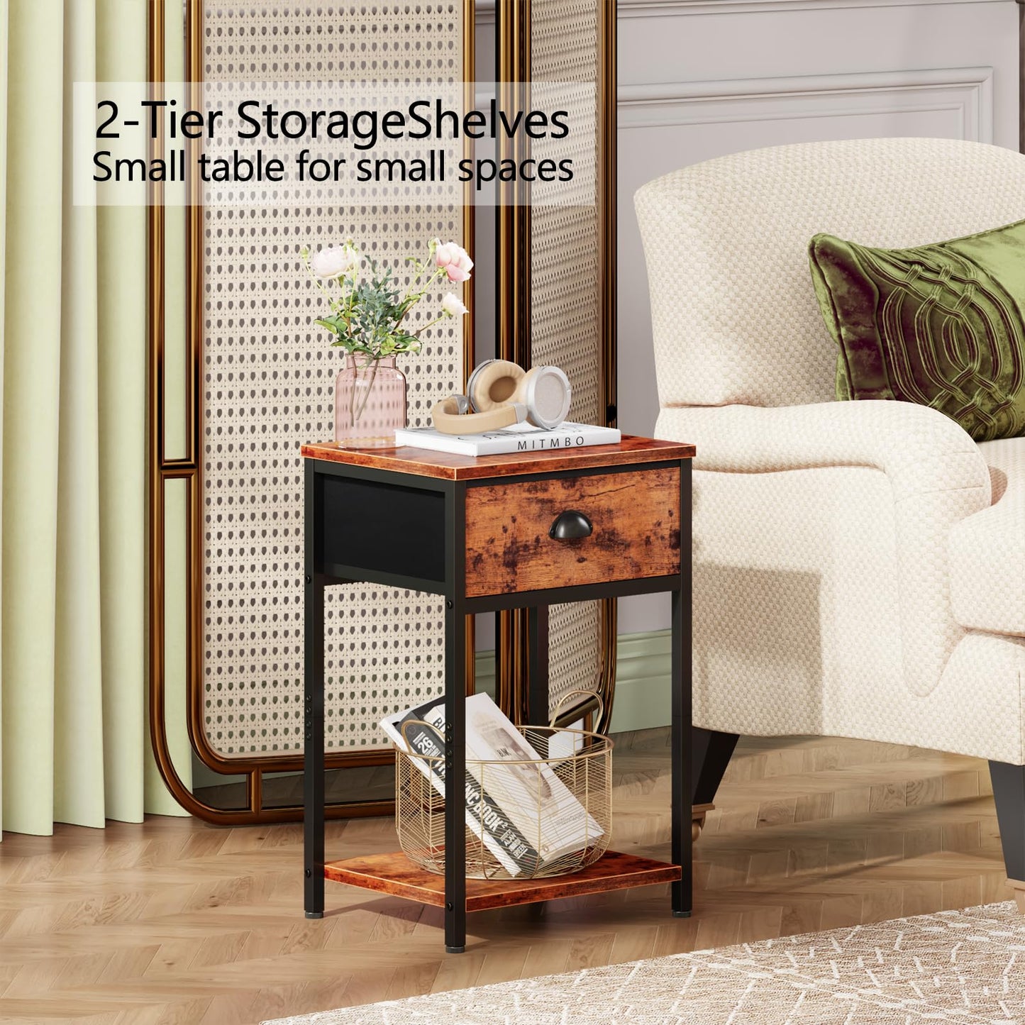 Furologee Nightstands Set of 2, Industrial End Table with Fabric Drawer and Storage Shelf, Retro Bedside Tables Organizer, Side Table for Living Room Bedroom, Rustic Brown