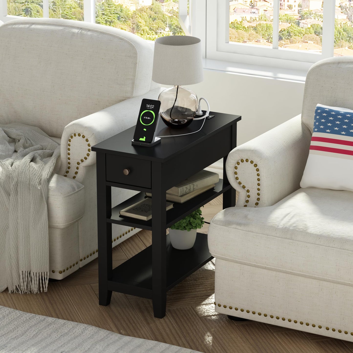 ChooChoo Black End Table Set of 2, Sofa Side Table Living Room with Charging Station,Narrow Night Stand with USB Ports & Power Outlets and Hidden Drawer