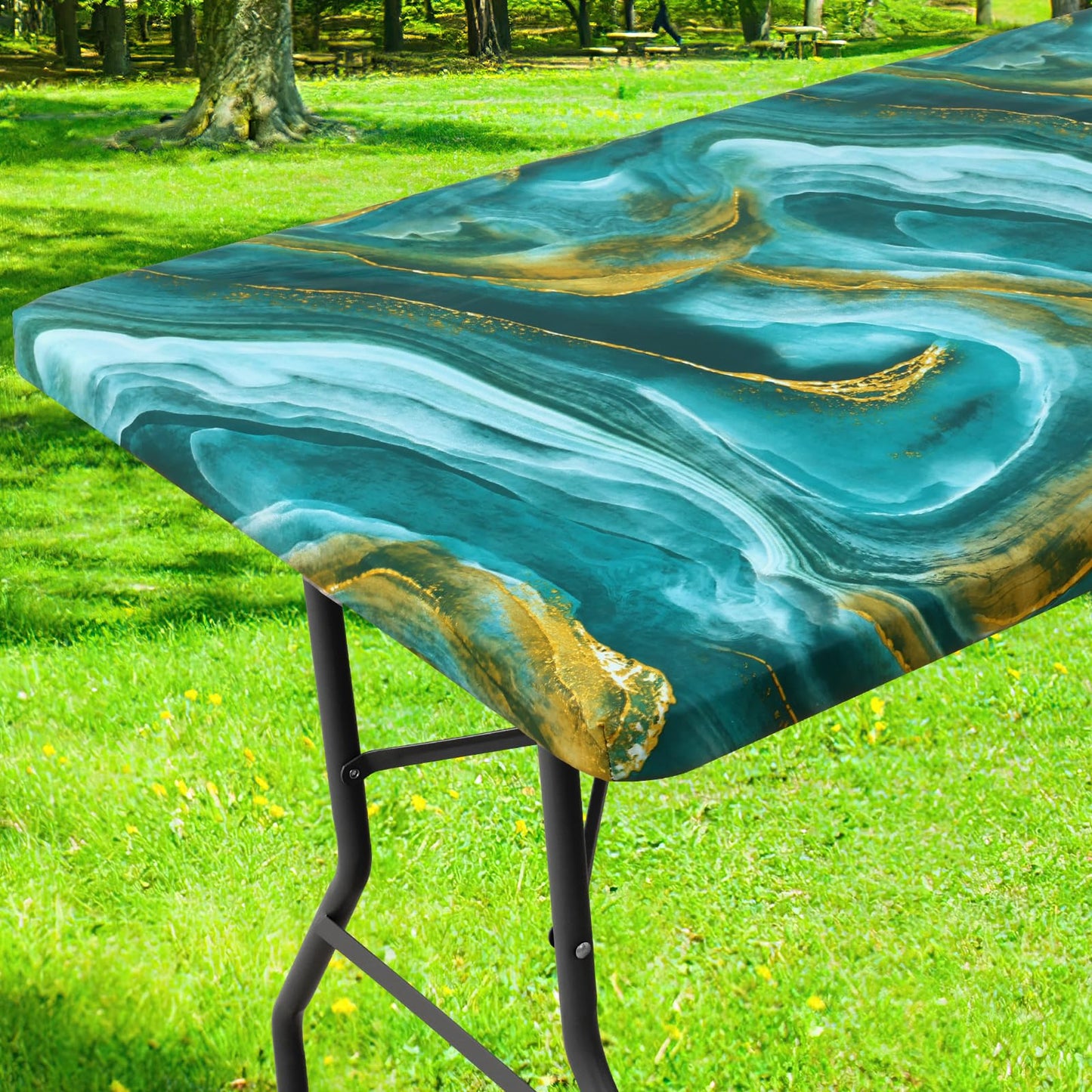 Smiry Rectangle Picnic Table Cloth, Waterproof Elastic Fitted Outdoor Tablecloths for 6 Foot Tables, Wipeable Flannel Backed Vinyl Table Cover for Camping, Dining and Indoor (30"x72", Black)