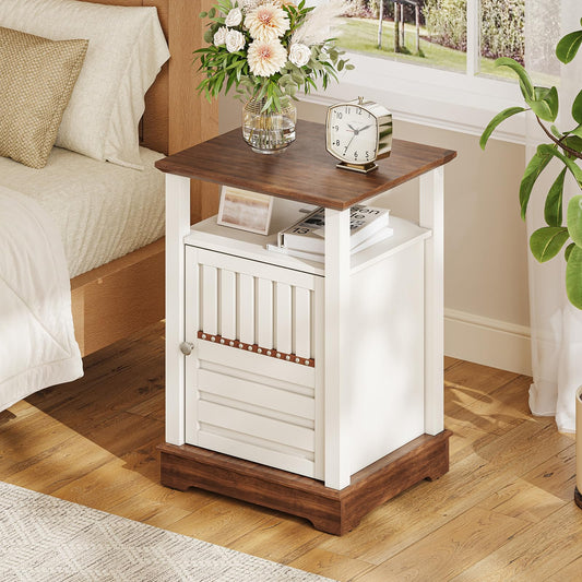 Farmhouse End Table with Charging Station, 18'' Wide Rustic Nightstand w/Rivet Barn Door & Adjustable Storage Shelf, Wood Sofa Side Tables w/Open Shelf & Storage Cabinet for Living Room, Bedroom