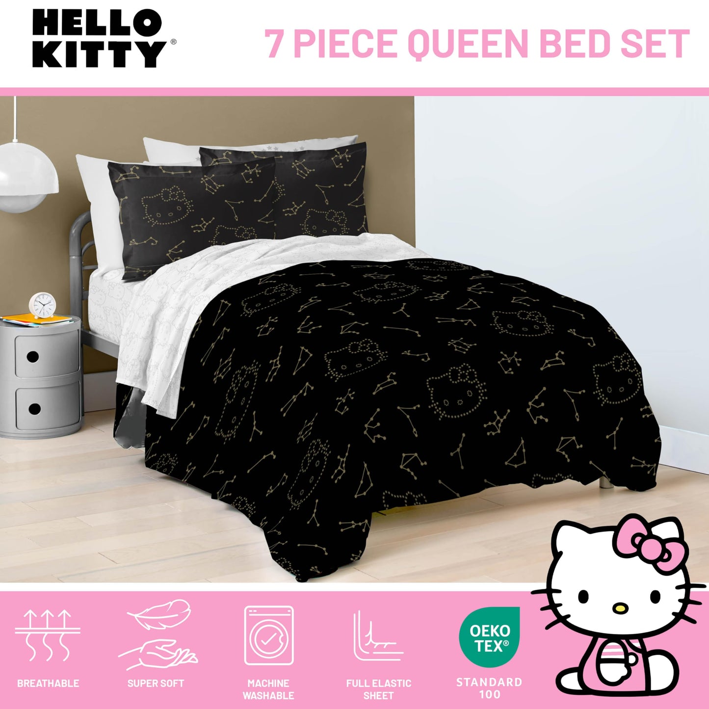 Jay Franco Hello Kitty Stars Queen Comforter Set - 7 Piece Bedding Includes Sheet Set & Pillow Covers - Super Soft Zodiac Black & Gold Bedding
