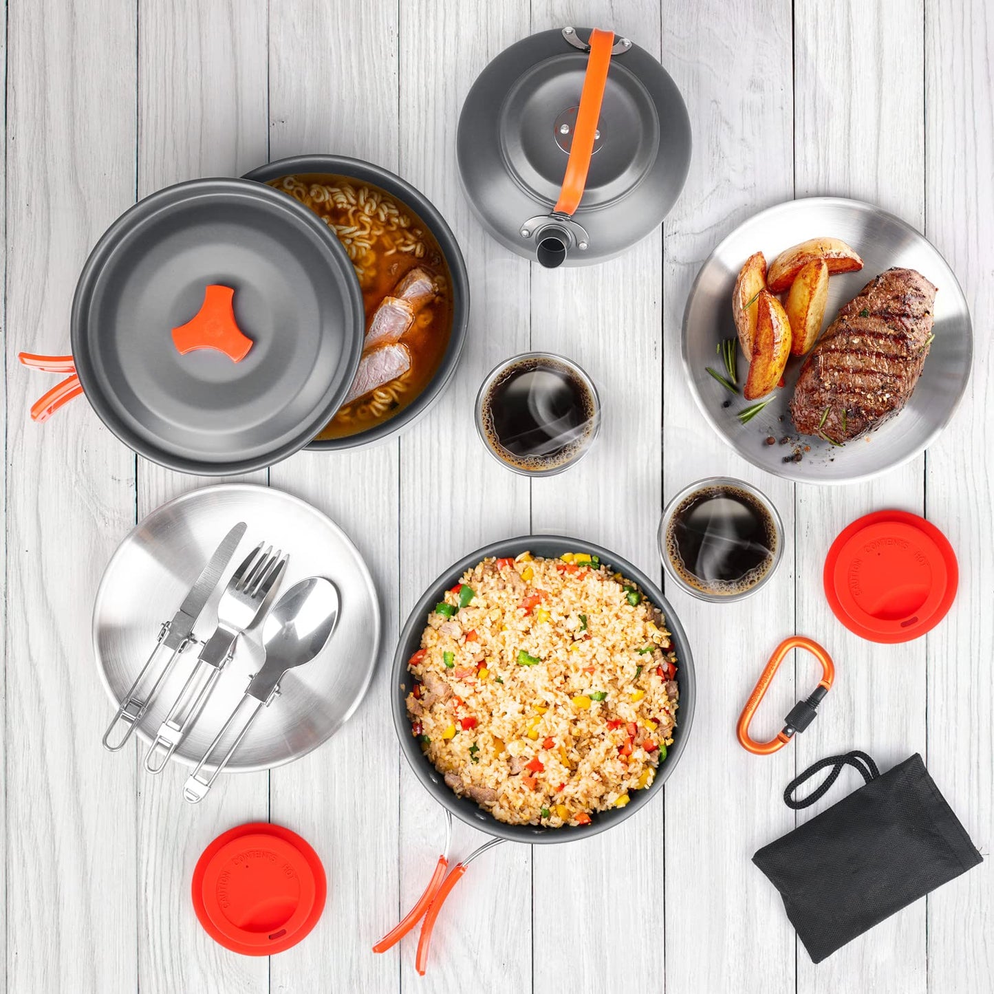 Bisgear Camping Cookware Kettle Mess Kit - Camping Cooking Set Stainless Steel 18/8 Plates Cups with Lids &Sleeves Cutlery - Camping Pots and Pans Set - Backpacking Gear Camp Accessories Equipment
