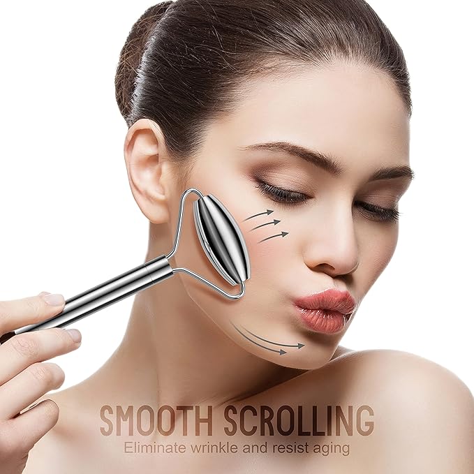 Stainless Steel Face Roller and Gua Sha Set, Asian Beauty Secret for Face, Eye, Nose, Neck, Body Muscle Relaxing Prevents Wrinkles Facial Massage Tools - 100% Authentic Genuine Stainless Steel